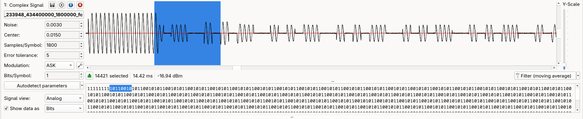 URH's interpretation tab with the captured ASK signal, Modulation set to ASK by autodetection, and the bit string 10110010 highlighted matching the transmitted pattern