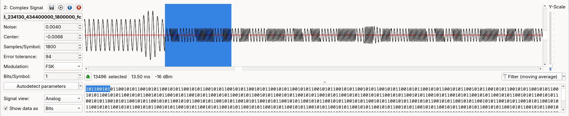 URH's interpretation tab with the captured FSK signal, Modulation set to FSK by autodetection, and the bit string 10110010 highlighted matching the transmitted pattern
