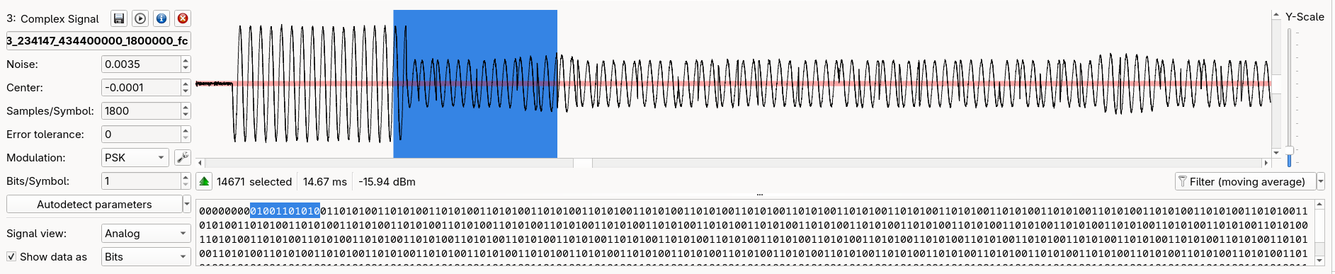 URH's interpretation tab with the captured PSK signal, Modulation set to PSK by autodetection, and the bit string 01001101 highlighted, the exact bitwise inverse of the transmitted 10110010 pattern